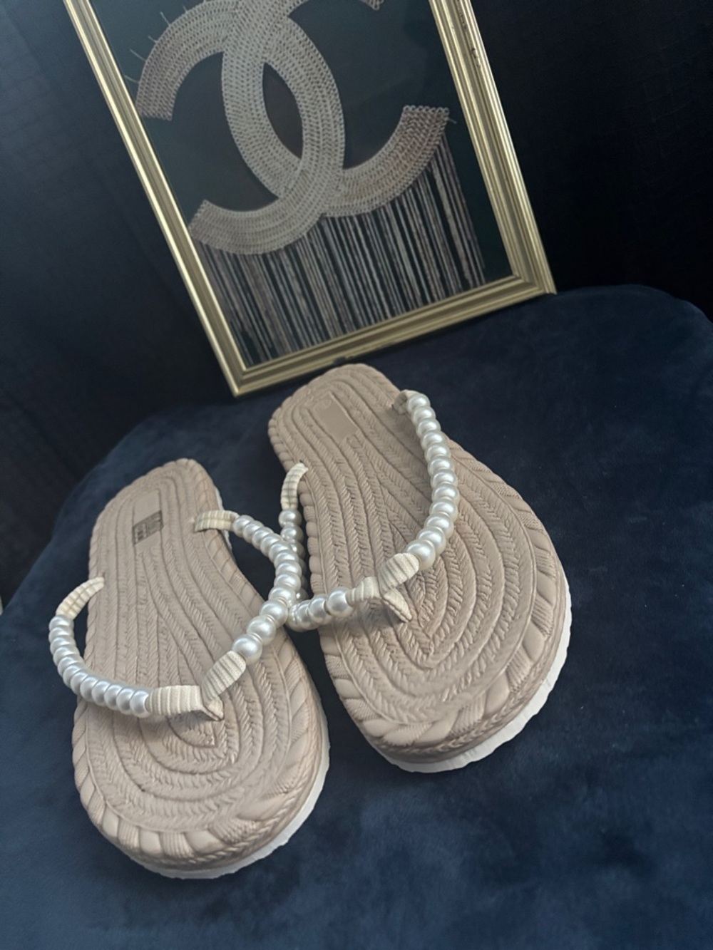 Pearl-Beaded Beige Women's Flip Flop Sandals